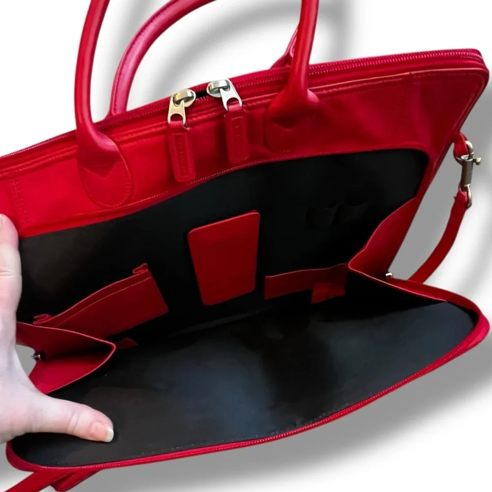 Levenger Briefcase Laptop Messenger Bag Red Leather Shoulder Strap Vintage